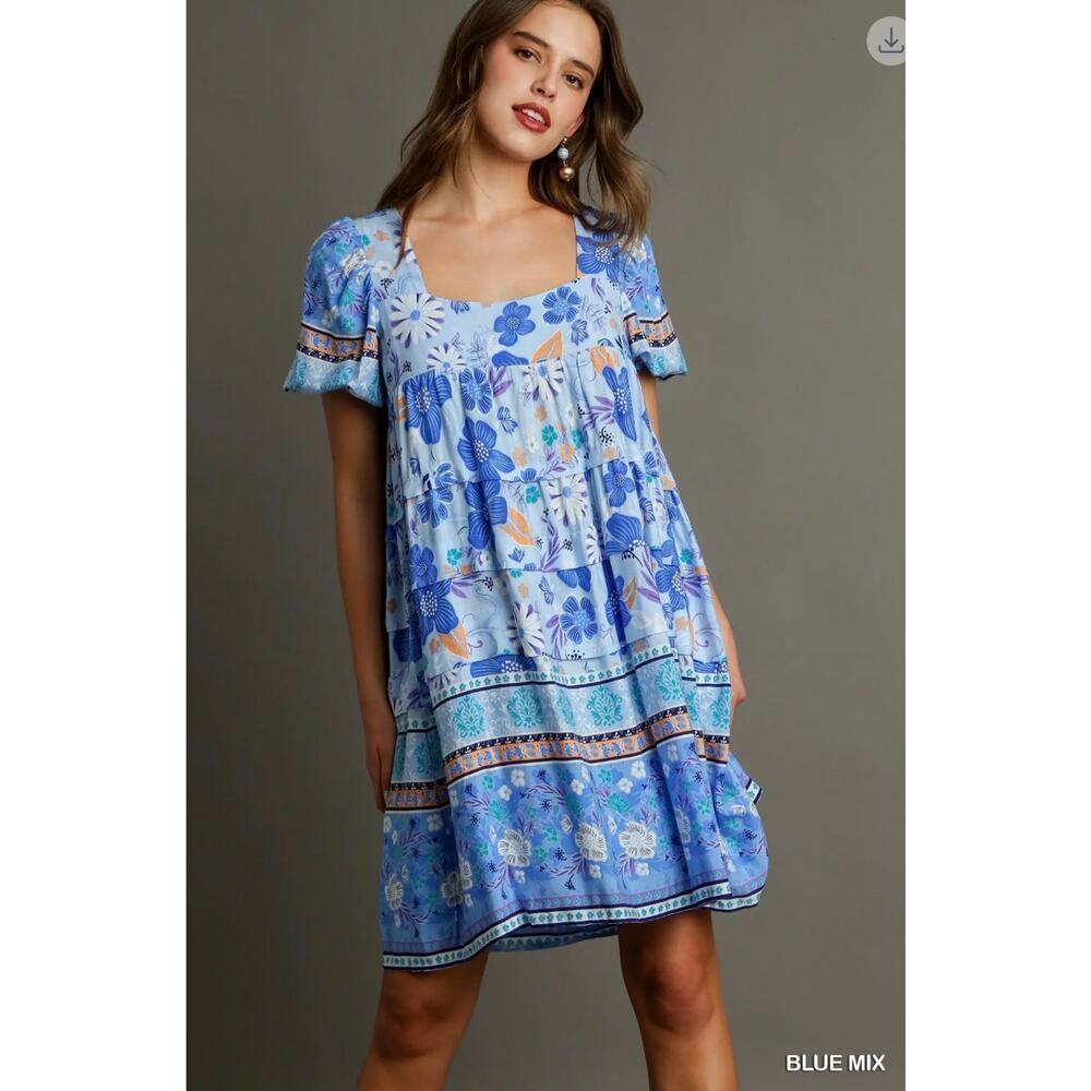 Umgee - Border Print Pin-Tuck Tiered Dress - MEDIUM